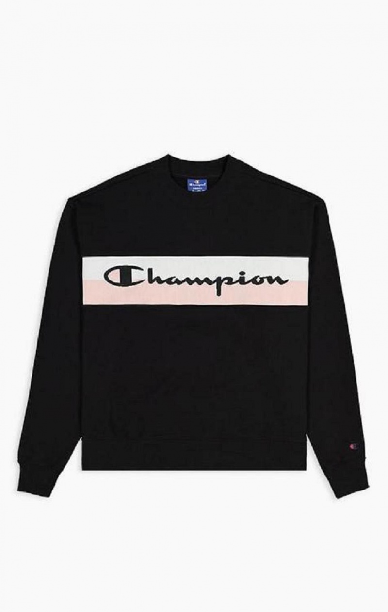 Champion Rib Insert Script Logo Bomulds Terry Sweatshirt Sweatshirts Dame Sort | 8679-AGMKL