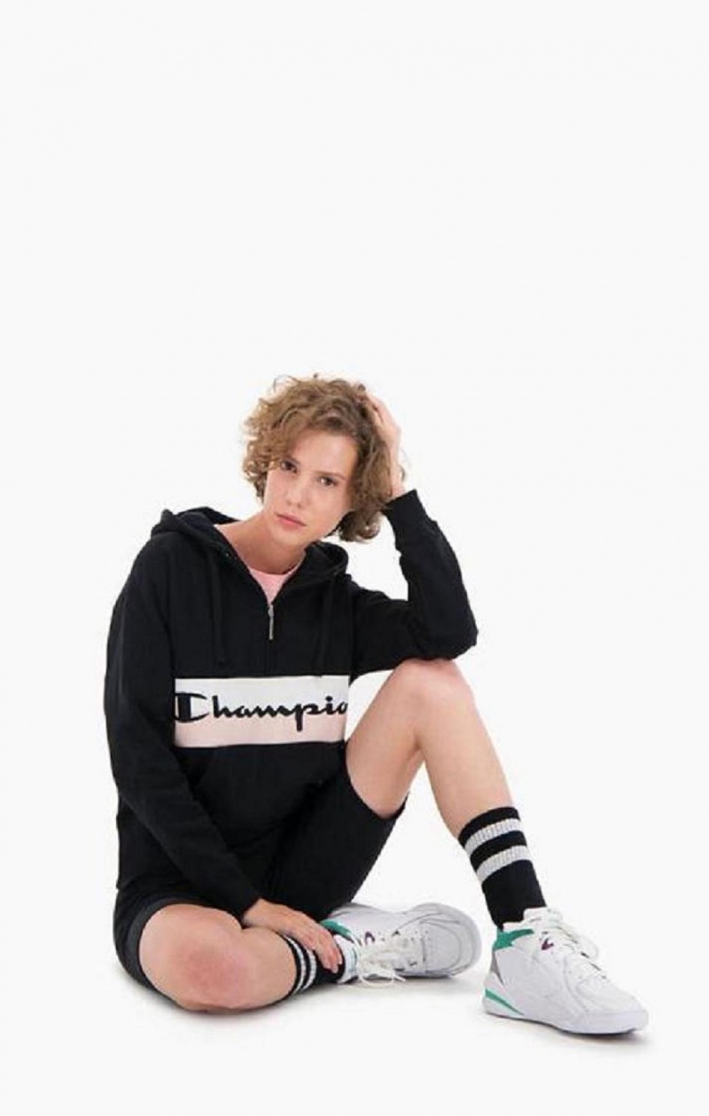 Champion Rib Insert Script Logo Half Zip-Up Hoodie Hættetrøje Dame Sort | 2436-DRBQX