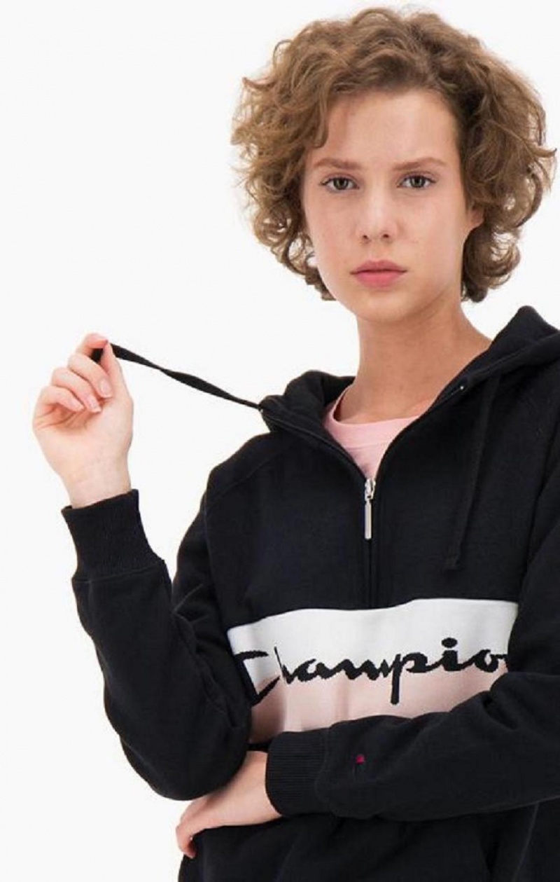 Champion Rib Insert Script Logo Half Zip-Up Hoodie Hættetrøje Dame Sort | 2436-DRBQX