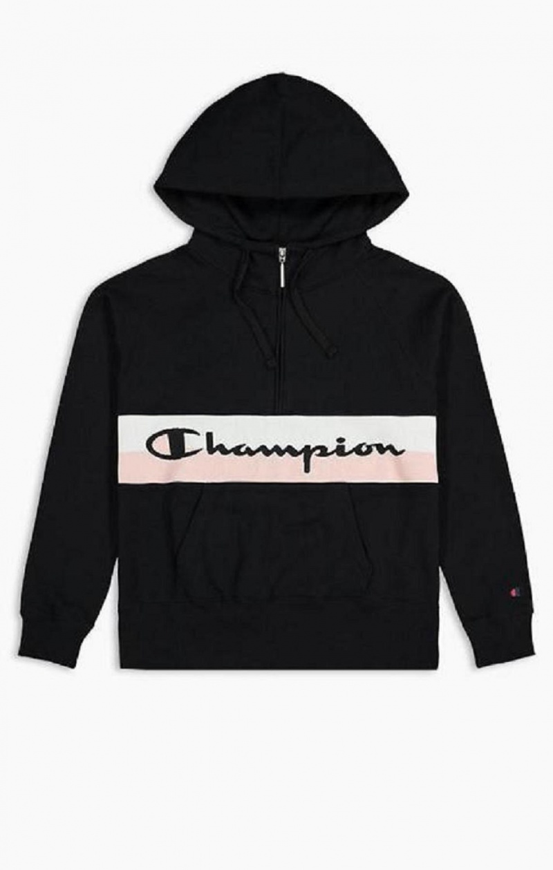 Champion Rib Insert Script Logo Half Zip-Up Hoodie Hættetrøje Dame Sort | 2436-DRBQX