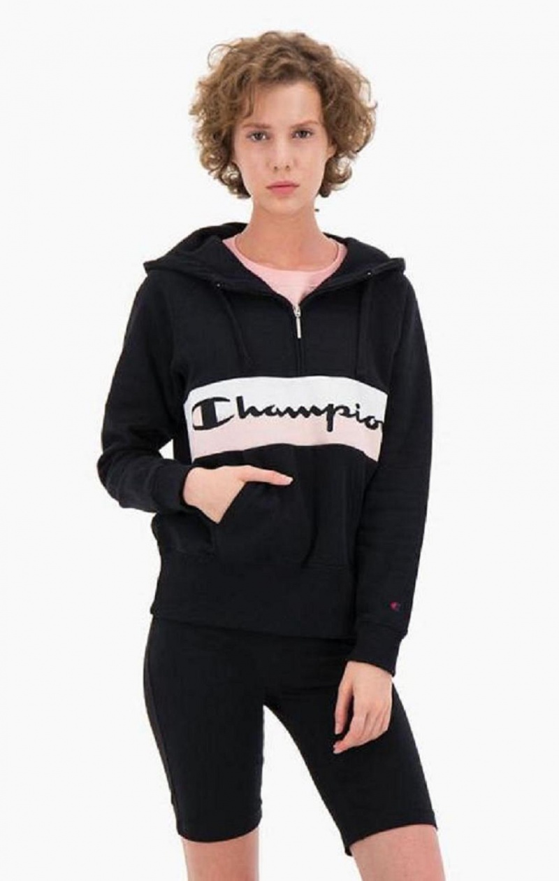 Champion Rib Insert Script Logo Half Zip-Up Hoodie Hættetrøje Dame Sort | 2436-DRBQX