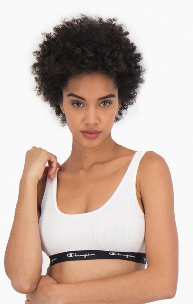 Champion Ribbet Bomulds Logo Trim Bralette Badetøj Dame Hvide | 2408-IFYBQ