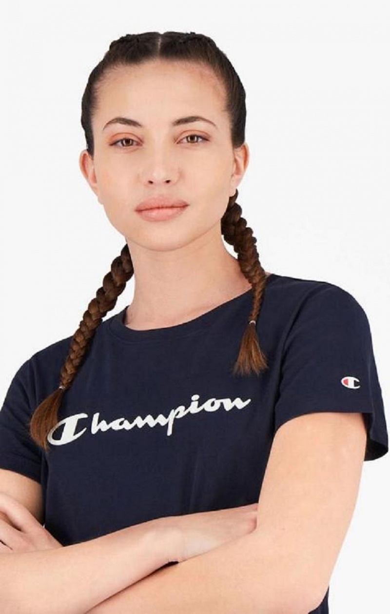 Champion Rubber Script Logo T-Shirt Kjole Kjole Dame Mørkeblå | 7498-BGPTX