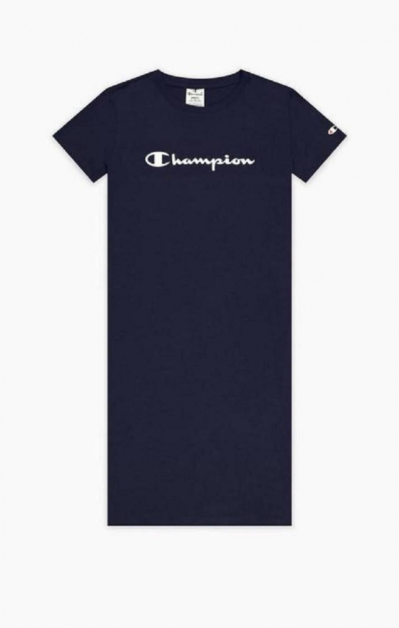 Champion Rubber Script Logo T-Shirt Kjole Kjole Dame Mørkeblå | 7498-BGPTX