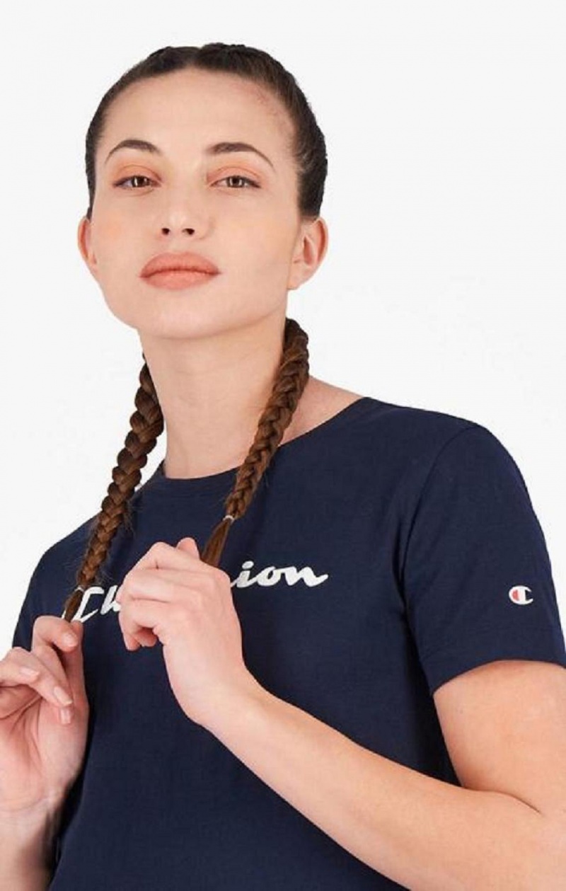 Champion Rubber Script Logo T-Shirt T Shirts Dame Mørkeblå | 7504-AVFHL