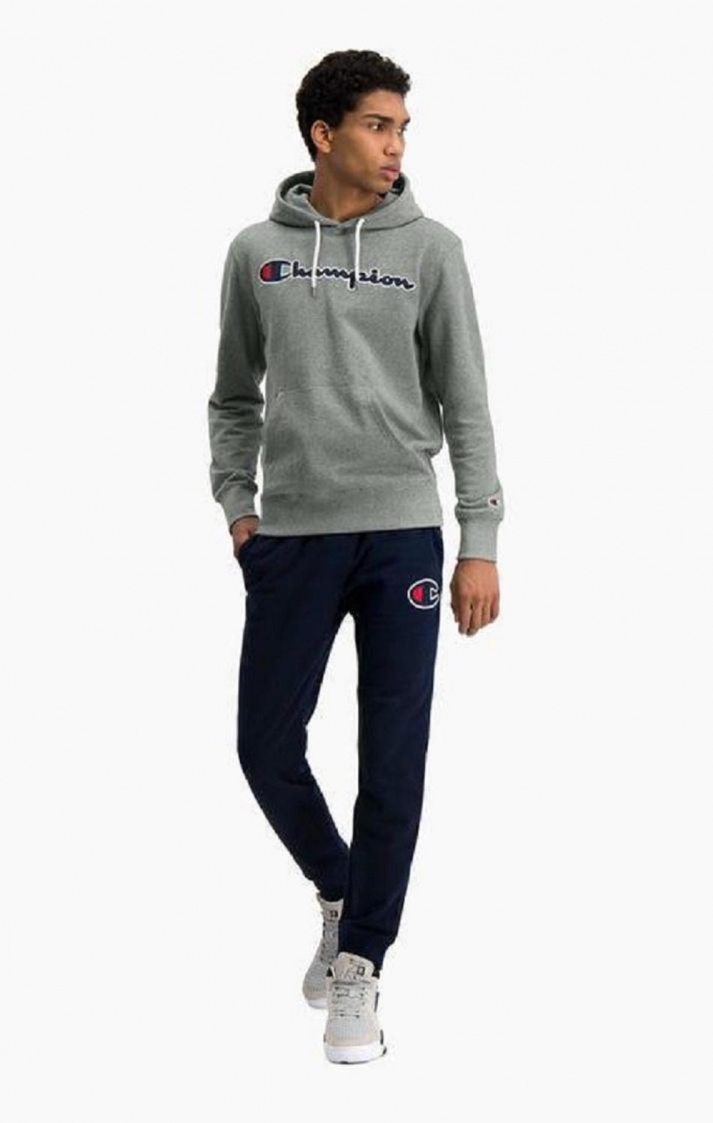 Champion Satin Script Logo Bomulds Terry Hoodie Hættetrøje Herre Mørkegrå | 6180-CDPFG