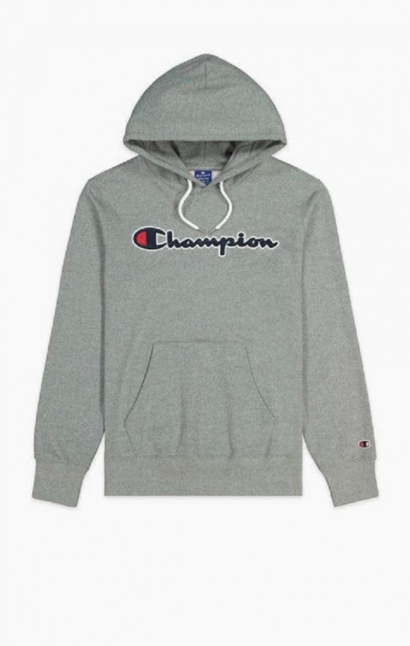 Champion Satin Script Logo Bomulds Terry Hoodie Hættetrøje Herre Mørkegrå | 6180-CDPFG