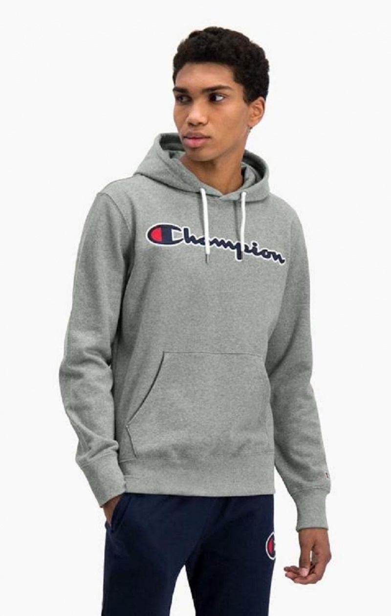 Champion Satin Script Logo Bomulds Terry Hoodie Hættetrøje Herre Mørkegrå | 6180-CDPFG