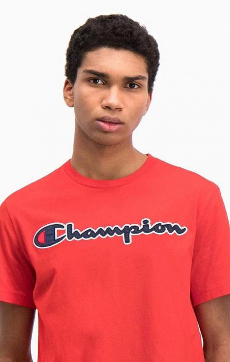 Champion Satin Script Logo T-Shirt T Shirts Herre Rød | 3410-NSMDY