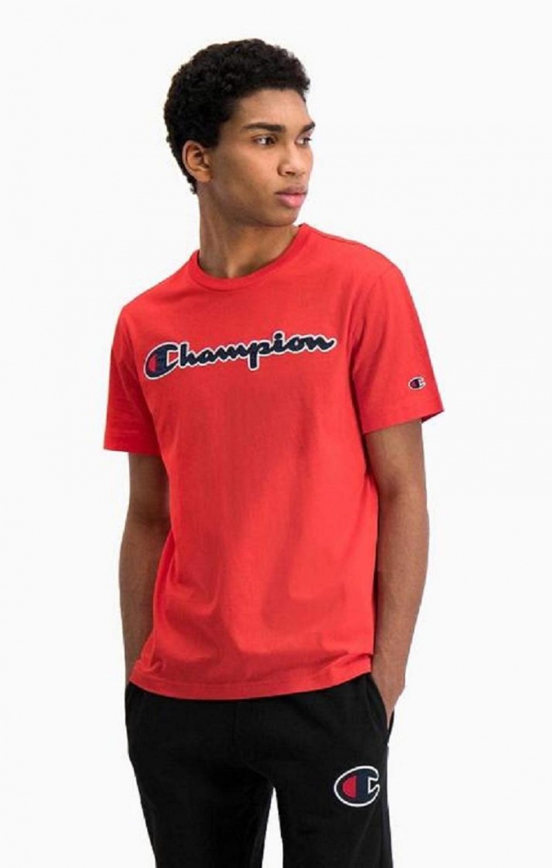 Champion Satin Script Logo T-Shirt T Shirts Herre Rød | 3410-NSMDY