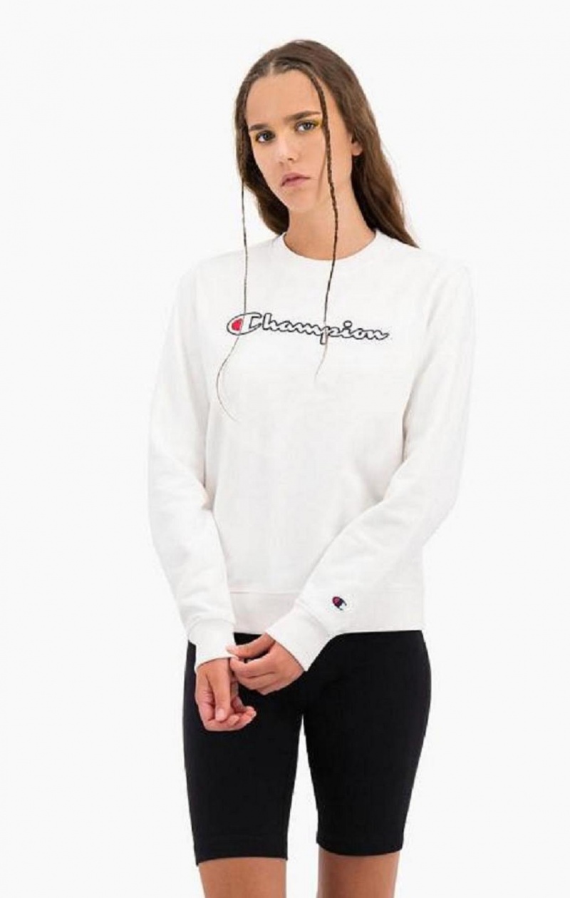 Champion Satin Stitch Script Logo Sweatshirt Sweatshirts Dame Hvide | 9410-JWAUH