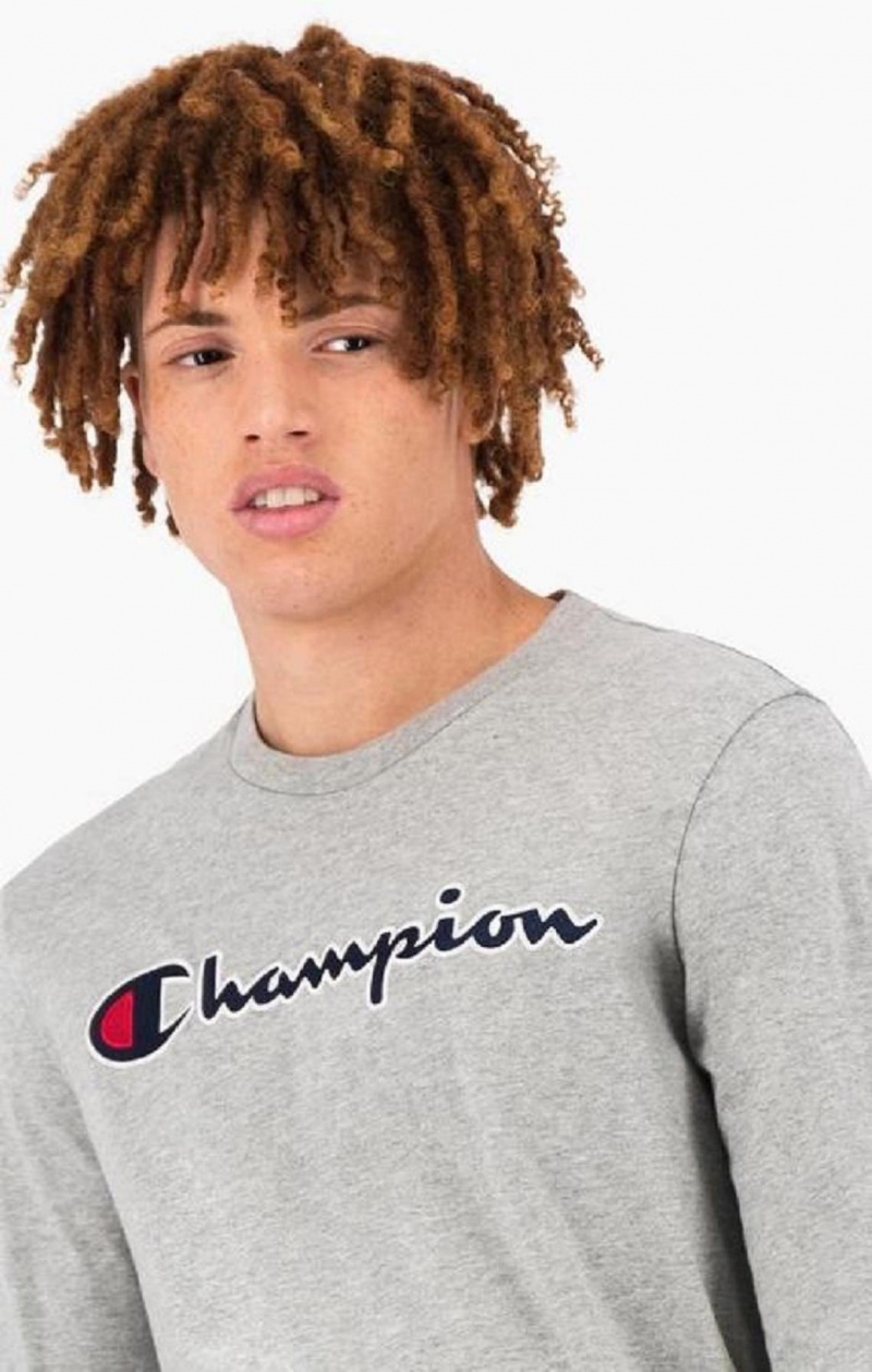 Champion Satin Stitch Script Logo T-Shirt T Shirts Herre Lysegrå | 6403-FHULK