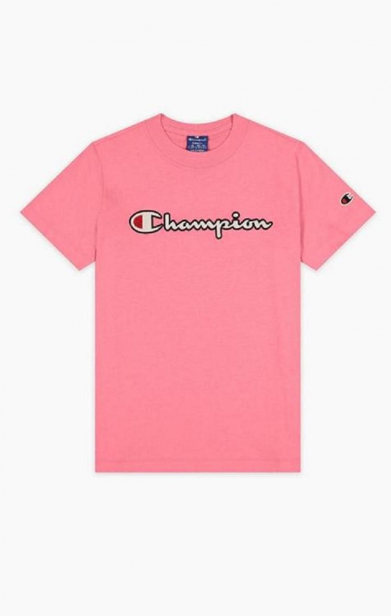 Champion Satin Stitch Script Logo T-Shirt T Shirts Dame Lyserød | 9374-EAISB