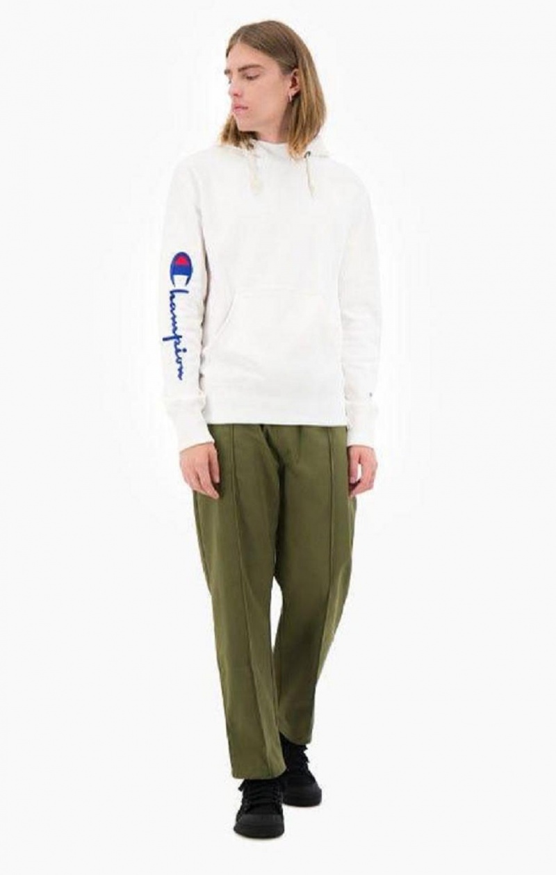 Champion Script Logo Arm Reverse Weave Hoodie Hættetrøje Herre Hvide | 3658-RXNHB