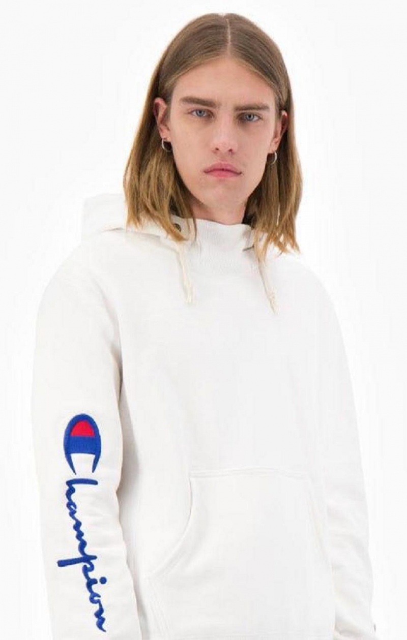 Champion Script Logo Arm Reverse Weave Hoodie Hættetrøje Herre Hvide | 3658-RXNHB