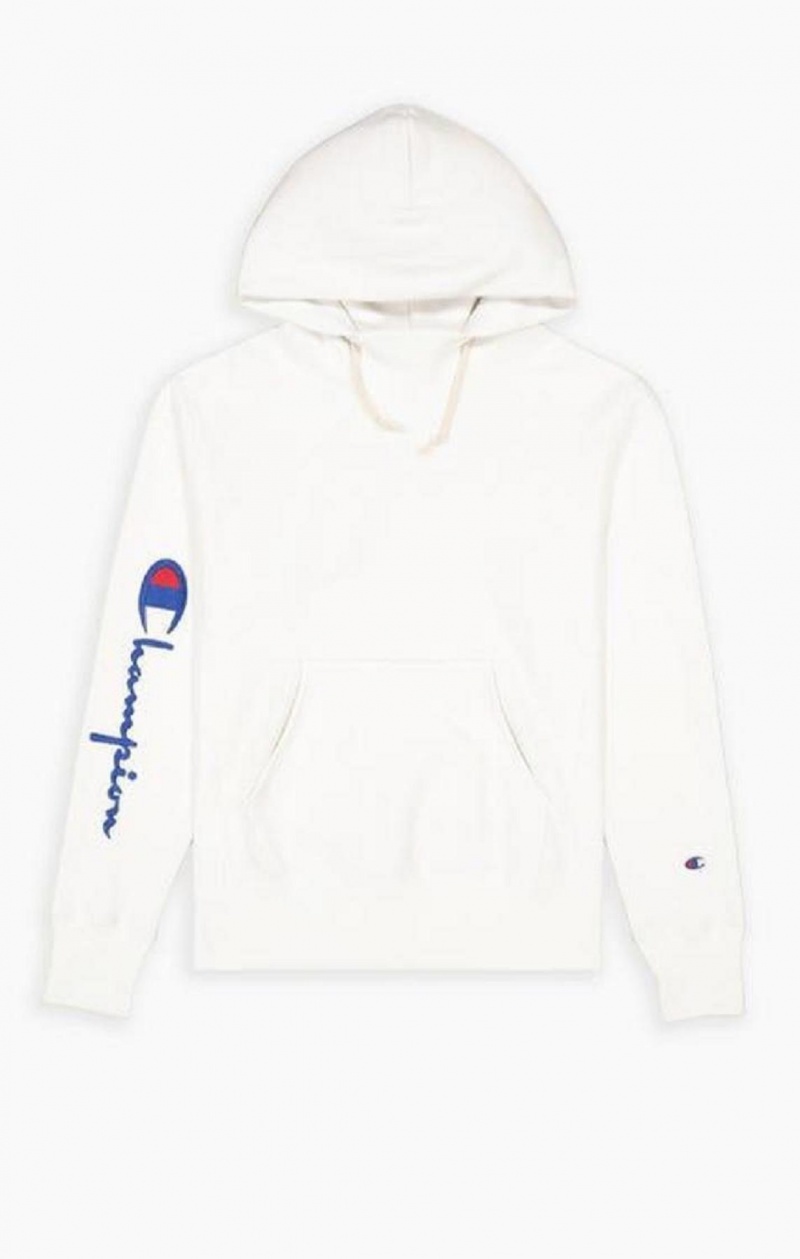 Champion Script Logo Arm Reverse Weave Hoodie Hættetrøje Herre Hvide | 3658-RXNHB