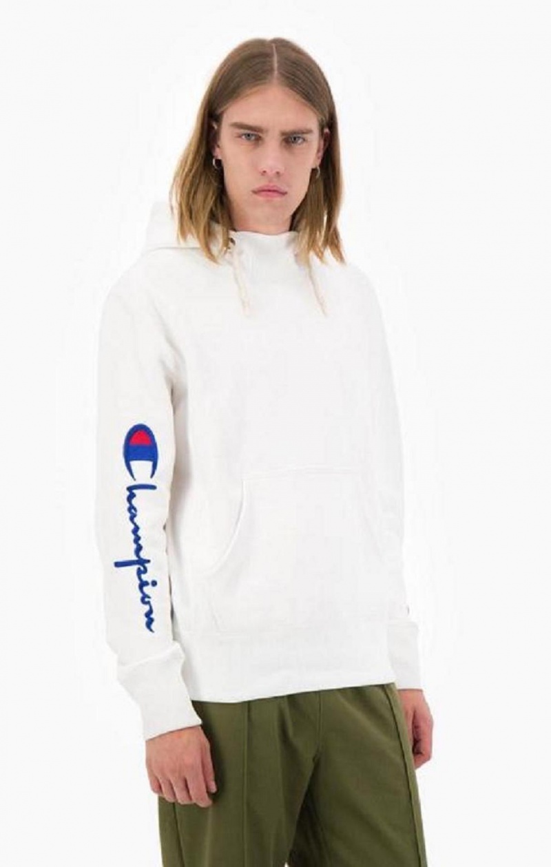 Champion Script Logo Arm Reverse Weave Hoodie Hættetrøje Herre Hvide | 3658-RXNHB