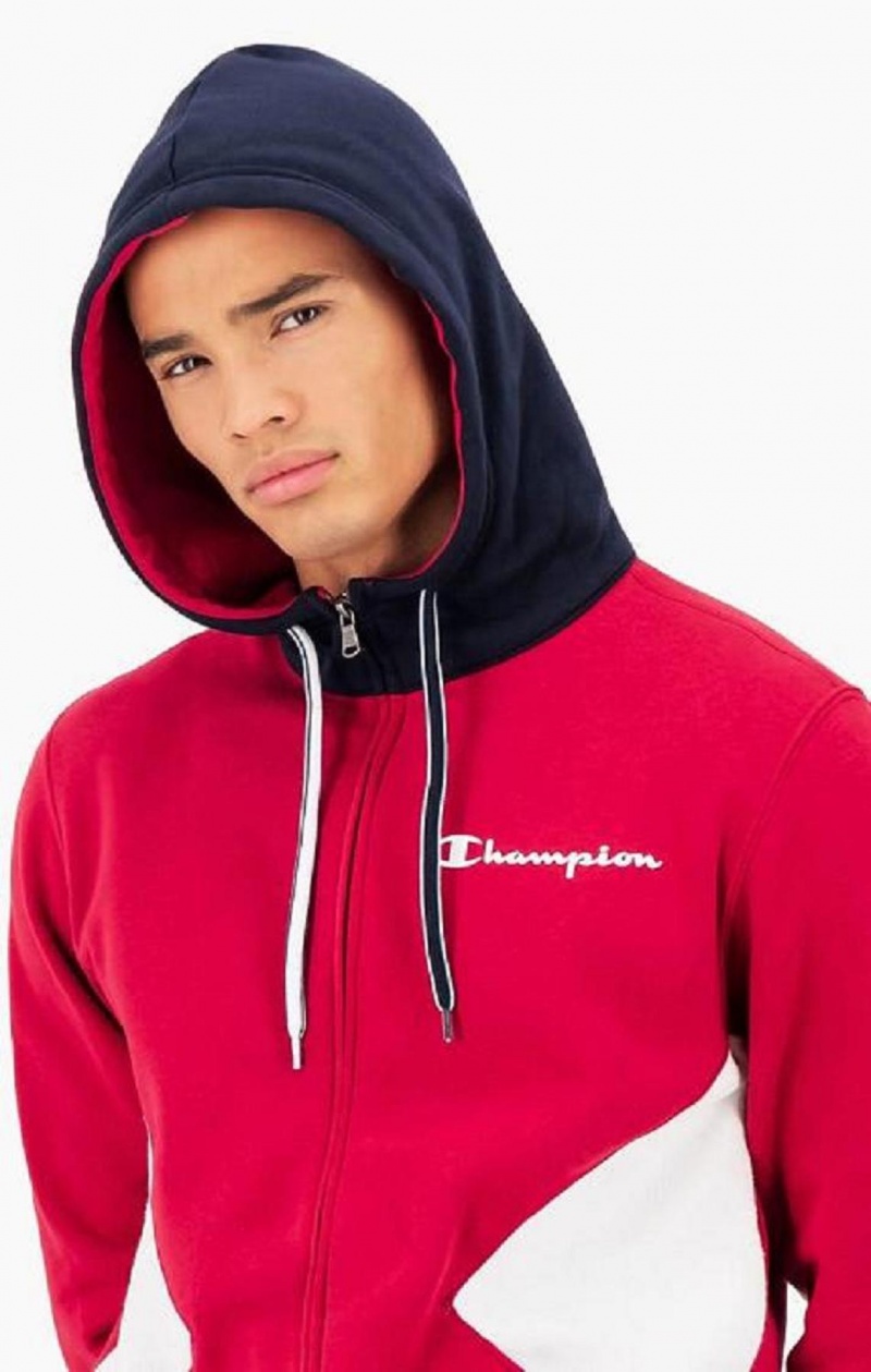 Champion Script Logo Colour Block Fleece Zip-Up Hoodie Hættetrøje Herre Rød | 0198-MGPKU