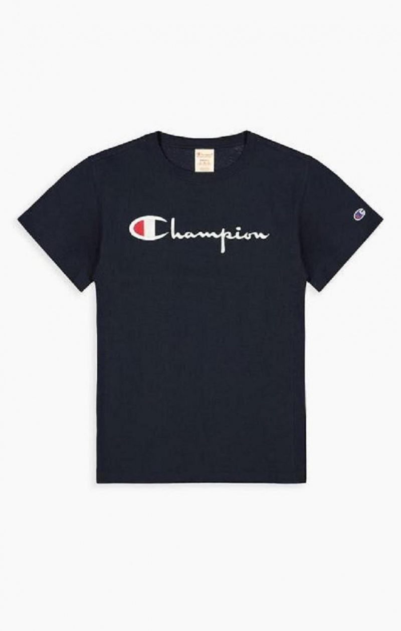 Champion Script Logo Crew Neck T-Shirt T Shirts Dame Mørkeblå | 2180-ZQJTK