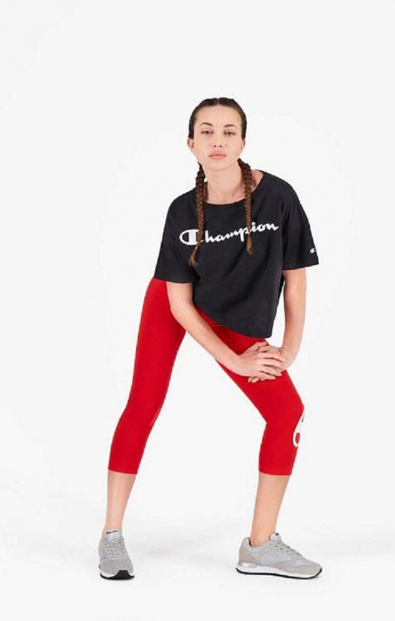 Champion Script Logo Cropped T-Shirt T Shirts Dame Sort | 3910-EMZHA