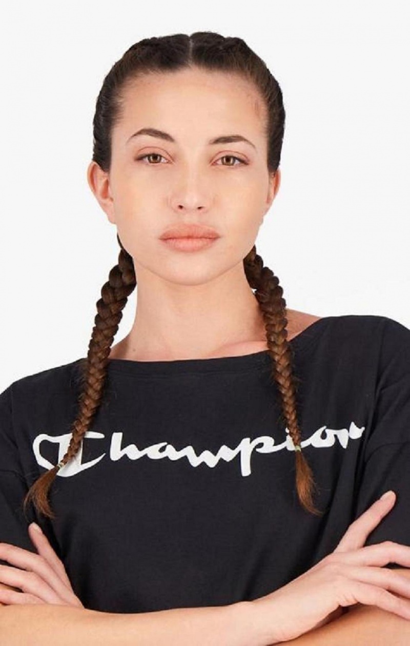 Champion Script Logo Cropped T-Shirt T Shirts Dame Sort | 3910-EMZHA