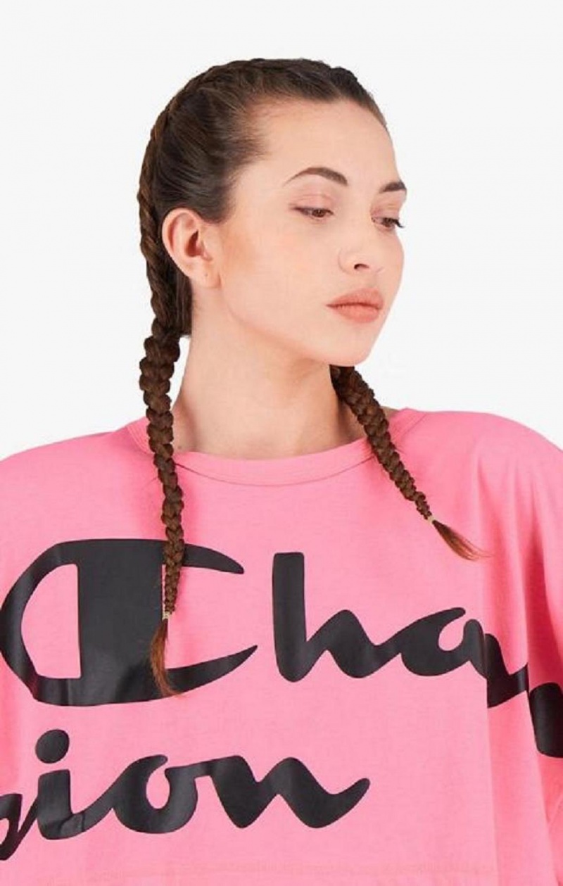 Champion Script Logo Cropped T-Shirt T Shirts Dame Fuchsia | 8432-YRTGU