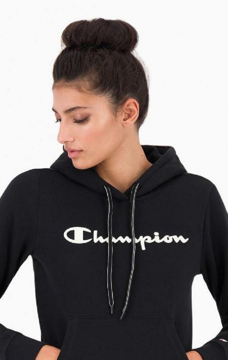 Champion Script Logo Fleece Hoodie Hættetrøje Dame Sort | 1325-QUFER