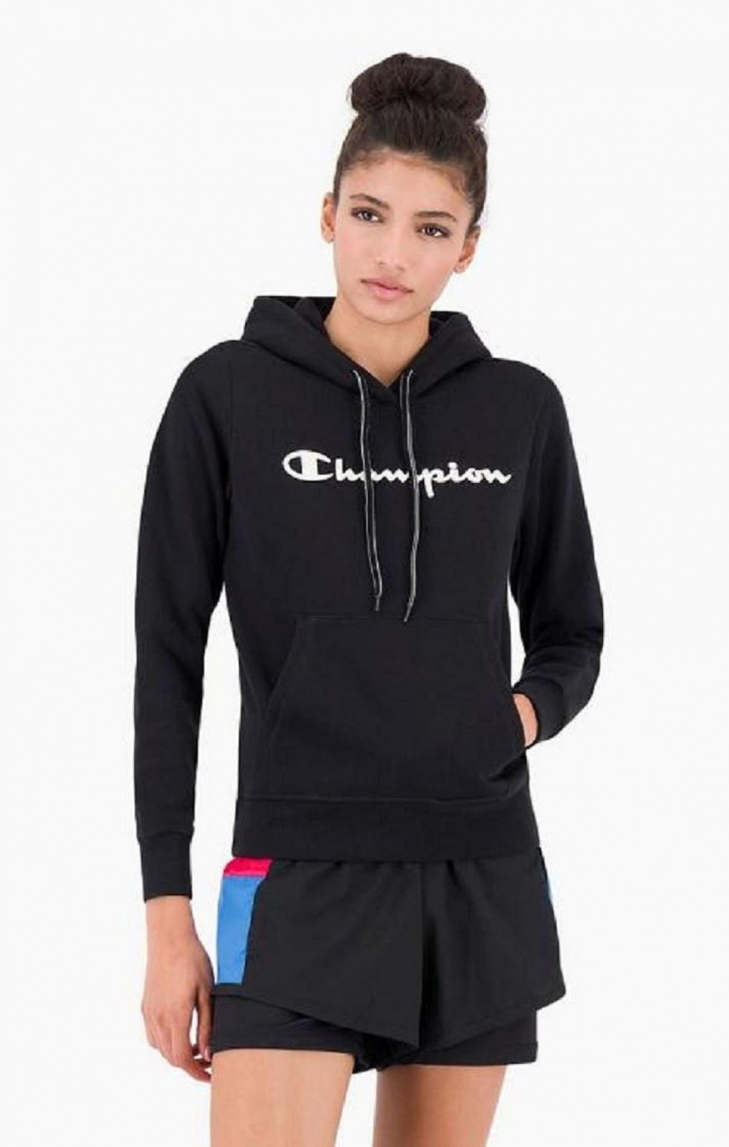 Champion Script Logo Fleece Hoodie Hættetrøje Dame Sort | 1325-QUFER