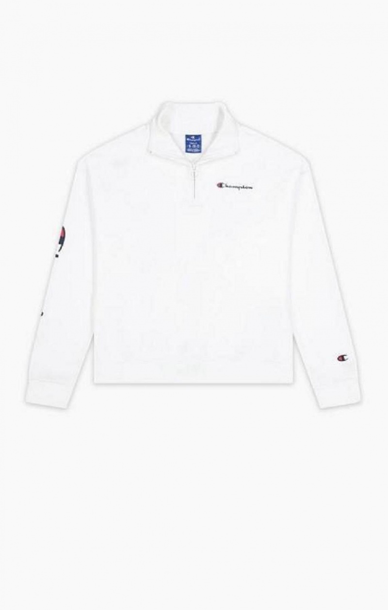 Champion Script Logo Half Zip-Up Shiny Fleece Sweatshirt Sweatshirts Dame Hvide | 3092-KOAPX