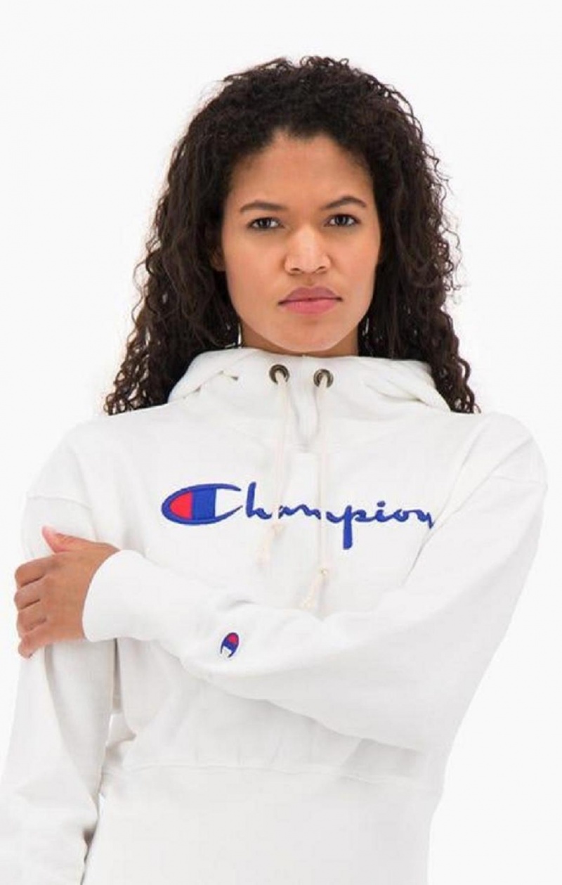 Champion Script Logo High Rib Reverse Weave Hoodie Hættetrøje Dame Hvide | 5083-QLSZT