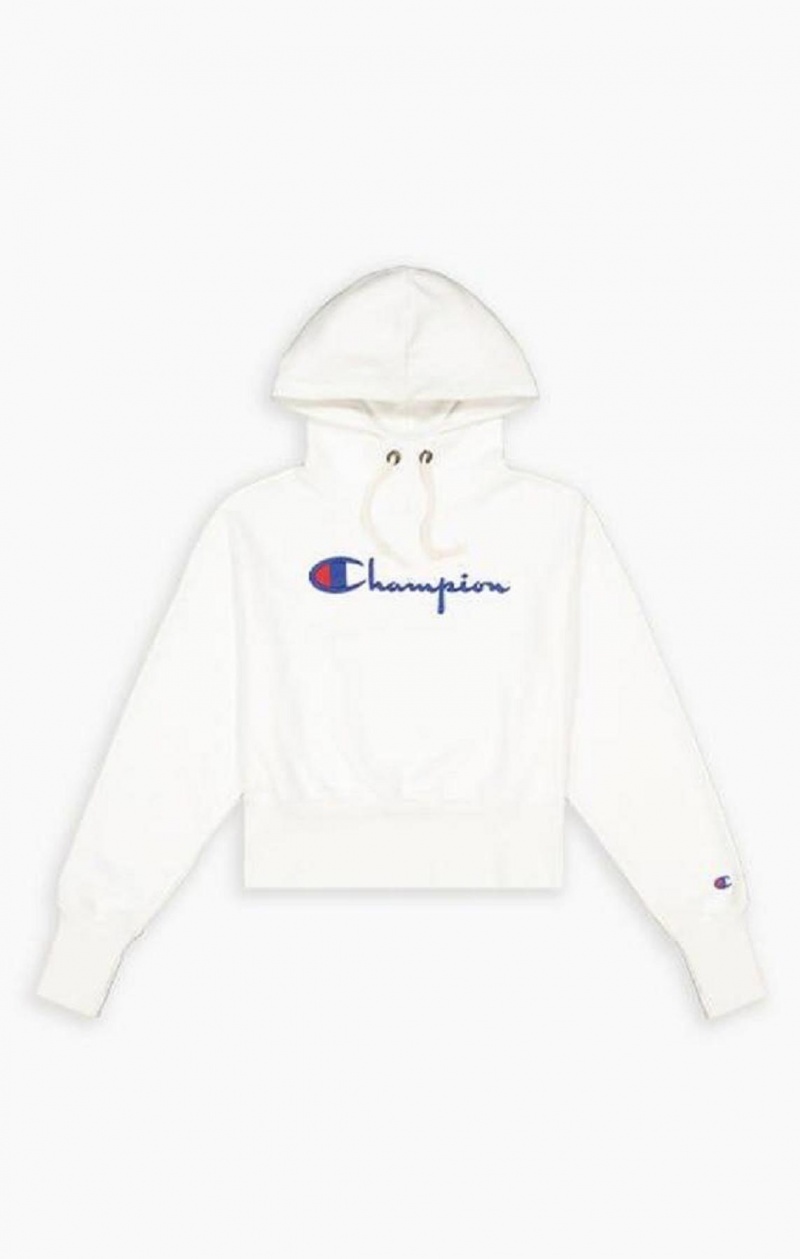 Champion Script Logo High Rib Reverse Weave Hoodie Hættetrøje Dame Hvide | 5083-QLSZT