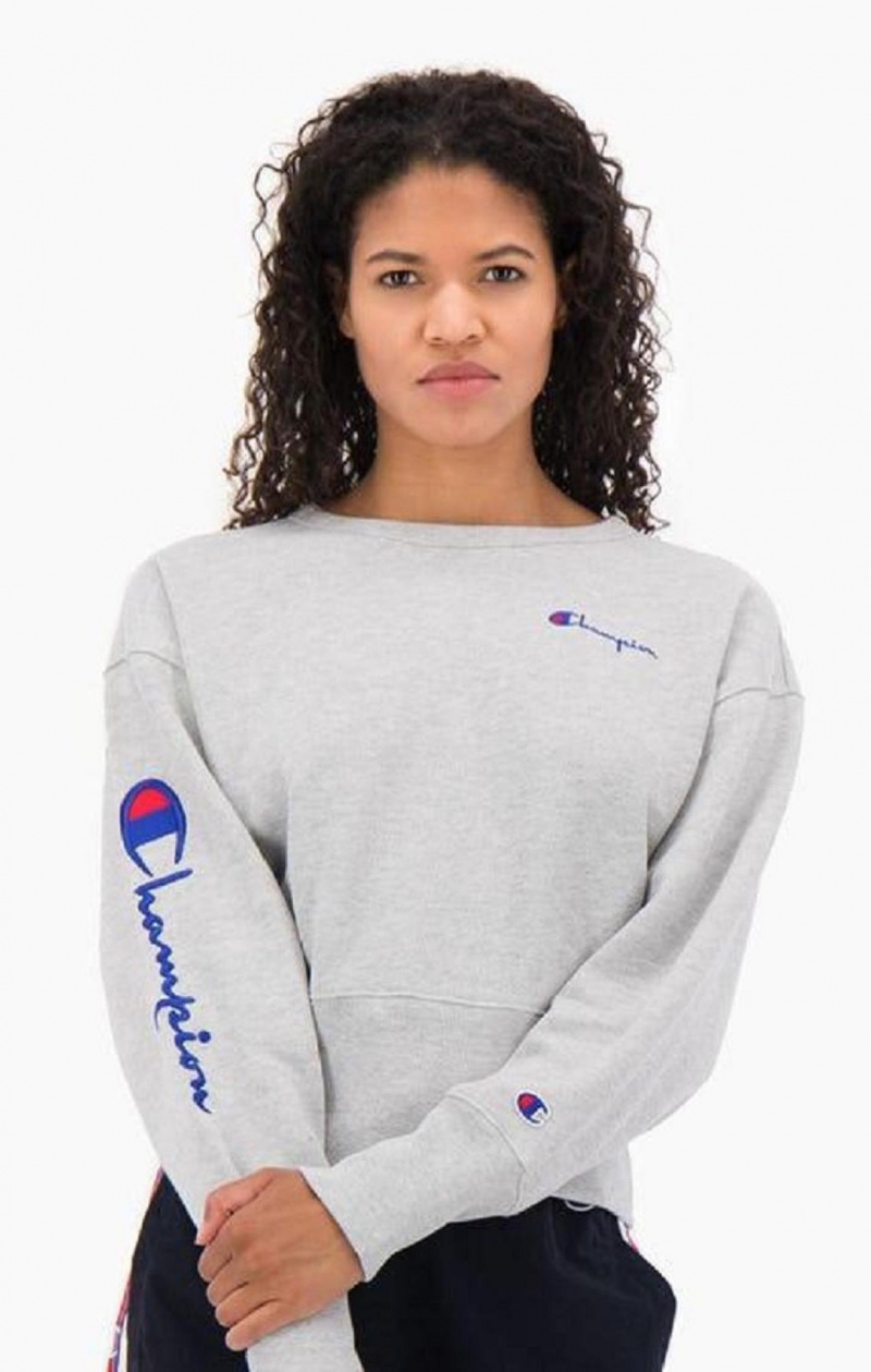 Champion Script Logo High Rib Reverse Weave Sweatshirt Sweatshirts Dame Lysegrå | 6193-NBAVD