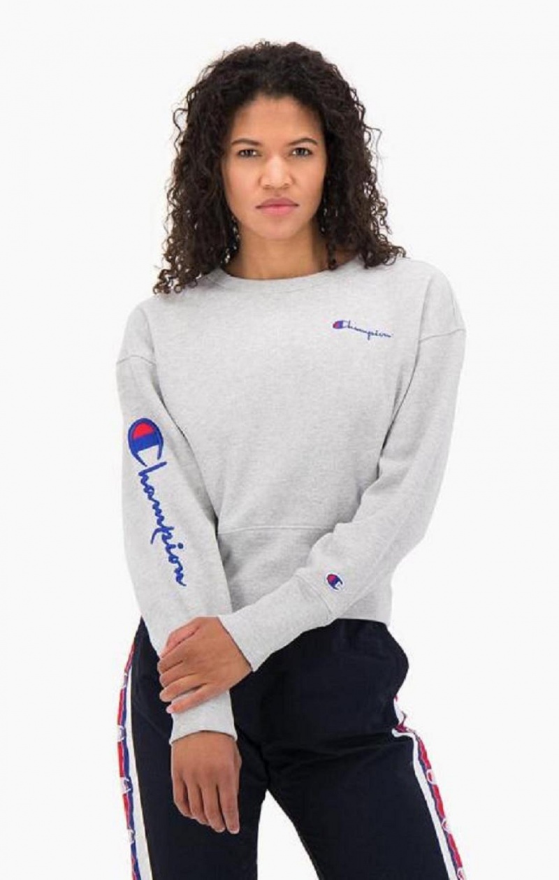 Champion Script Logo High Rib Reverse Weave Sweatshirt Sweatshirts Dame Lysegrå | 6193-NBAVD