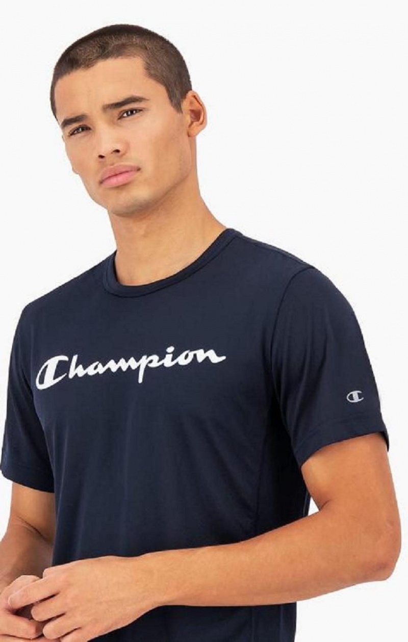 Champion Script Logo Mesh T-Shirt T Shirts Herre Mørkeblå | 1695-CFIHT