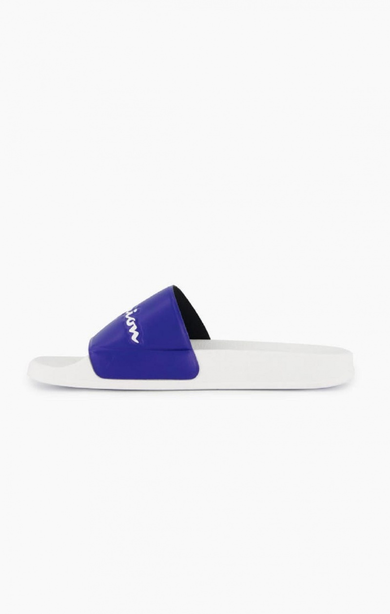 Champion Script Logo Pool Slides Badesandaler Herre Hvide Blå | 6092-VNYCP