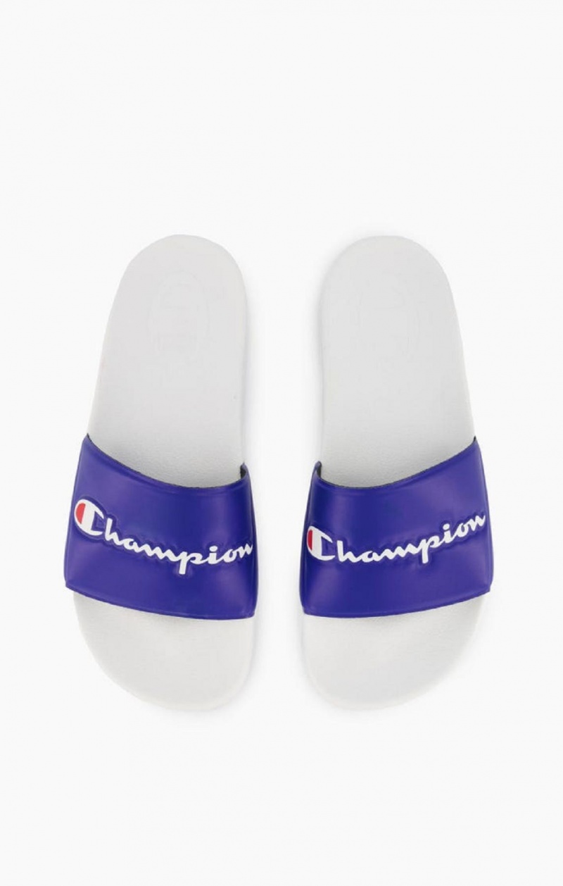 Champion Script Logo Pool Slides Badesandaler Herre Hvide Blå | 6092-VNYCP