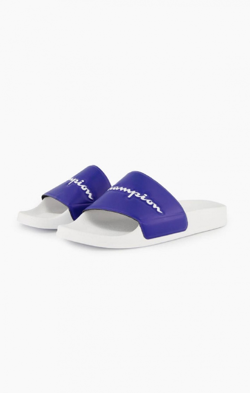 Champion Script Logo Pool Slides Badesandaler Herre Hvide Blå | 6092-VNYCP