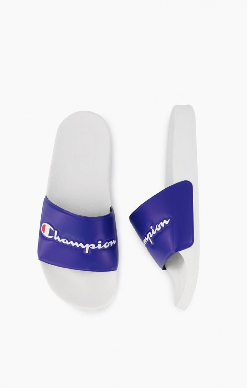 Champion Script Logo Pool Slides Badesandaler Herre Hvide Blå | 6092-VNYCP