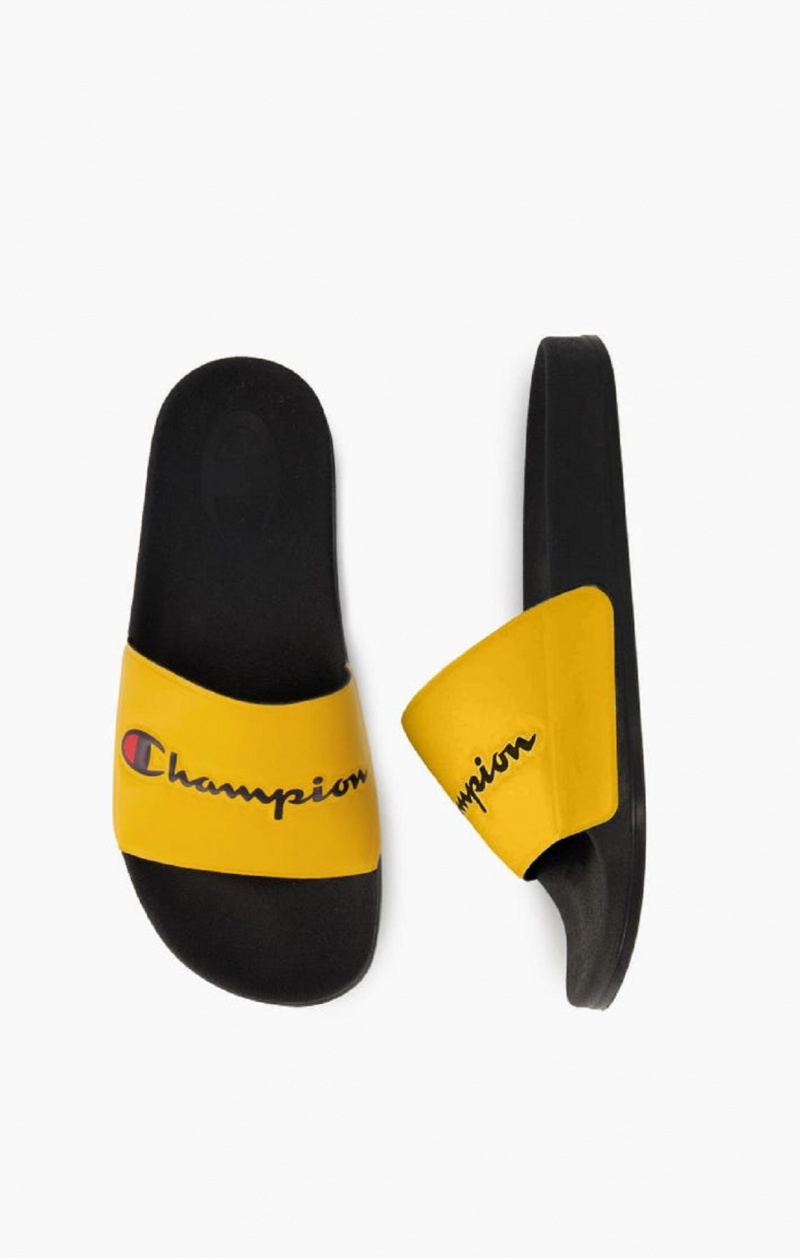 Champion Script Logo Pool Slides Badesandaler Herre Gul Sort | 5730-ZMQBD