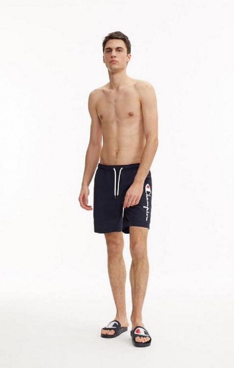 Champion Script Logo Print Board Shorts Badetøj Herre Mørkeblå | 3740-VFJUL