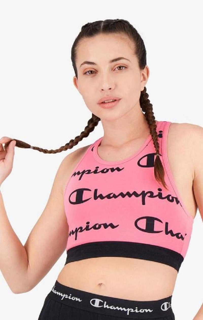 Champion Script Logo Print Racer Back Sports Bra Sports BH Dame Fuchsia | 8247-OFTXR