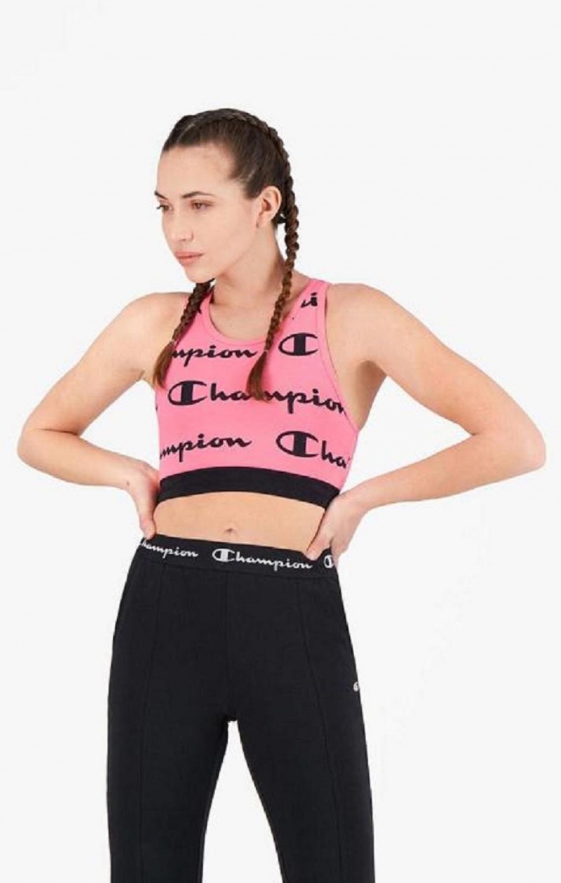 Champion Script Logo Print Racer Back Sports Bra Sports BH Dame Fuchsia | 8247-OFTXR