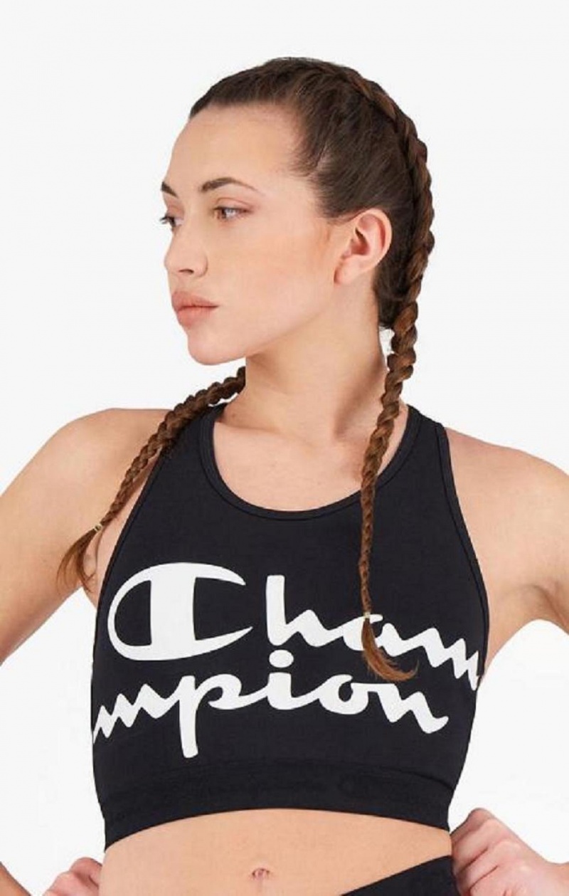 Champion Script Logo Print Racer Back Sports Bra Sports BH Dame Sort | 3051-ZICTJ