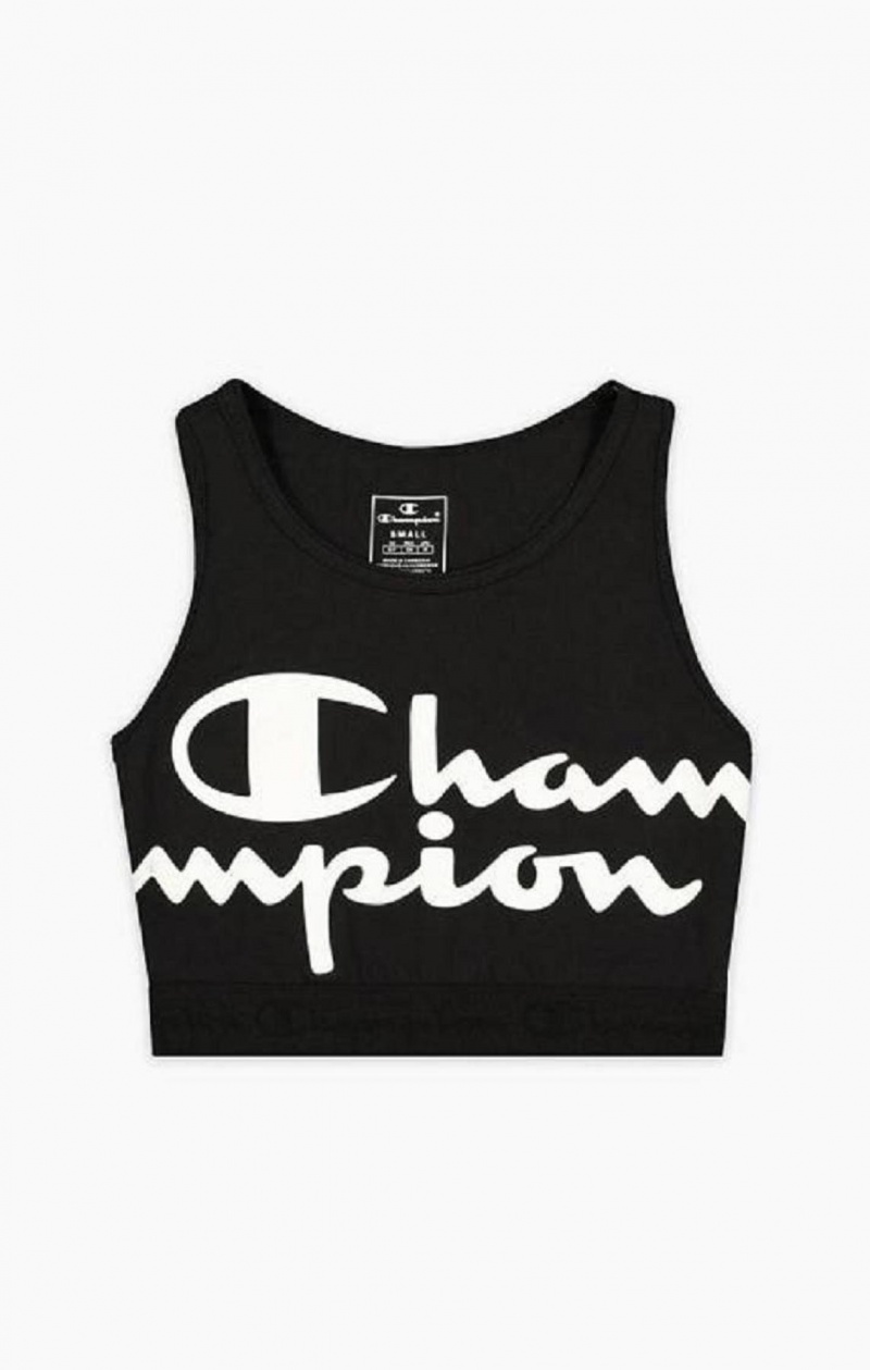 Champion Script Logo Print Racer Back Sports Bra Sports BH Dame Sort | 3051-ZICTJ