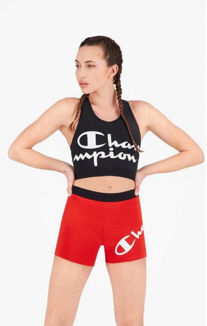 Champion Script Logo Print Racer Back Sports Bra Sports BH Dame Sort | 3051-ZICTJ