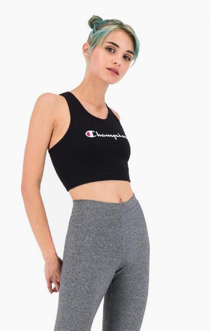 Champion Script Logo Racer Back Sports Bra Sports BH Dame Sort | 5846-NXHVD