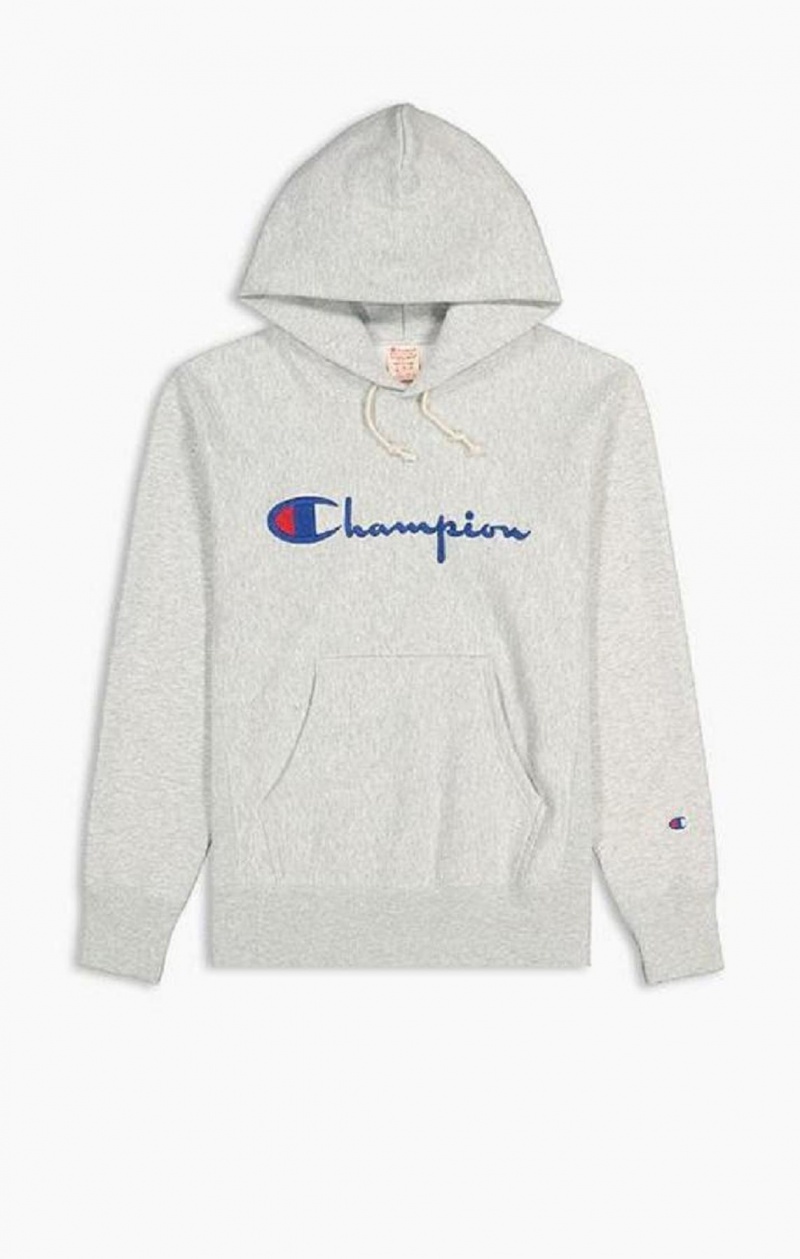 Champion Script Logo Reverse Weave Hoodie Hættetrøje Herre Lysegrå | 5287-YJZKI