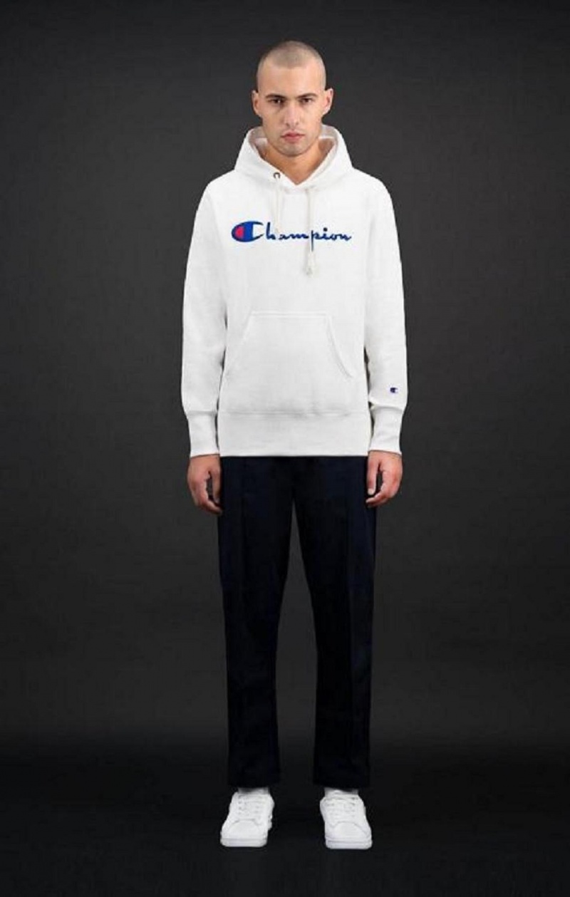 Champion Script Logo Reverse Weave Hoodie Hættetrøje Herre Hvide | 7904-KBQIU