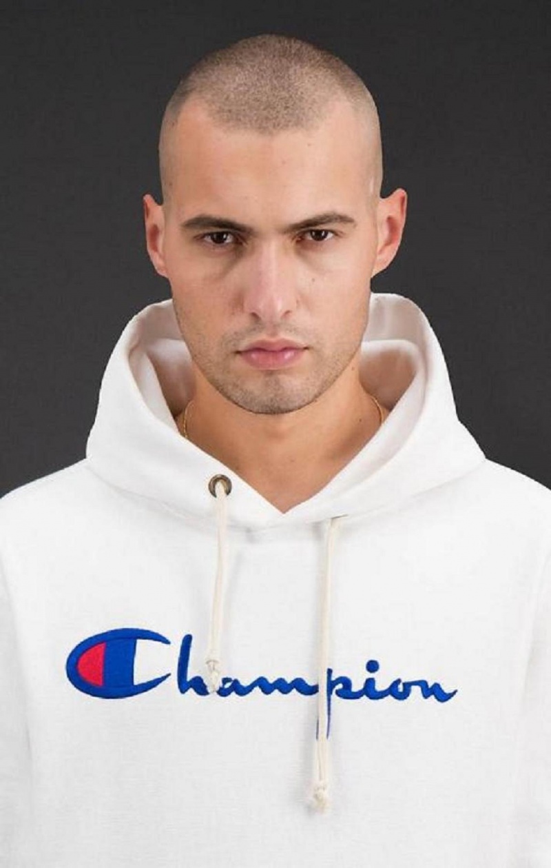 Champion Script Logo Reverse Weave Hoodie Hættetrøje Herre Hvide | 7904-KBQIU