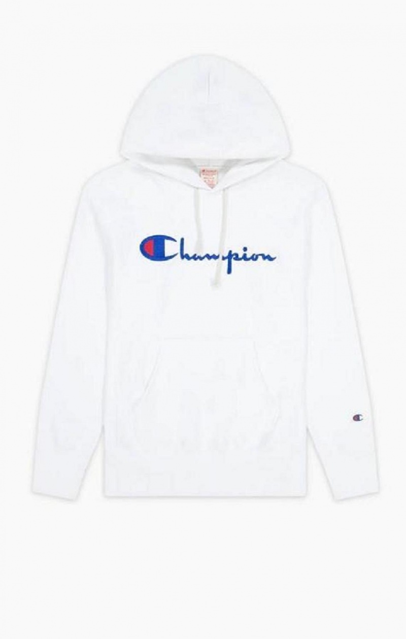 Champion Script Logo Reverse Weave Hoodie Hættetrøje Herre Hvide | 7904-KBQIU